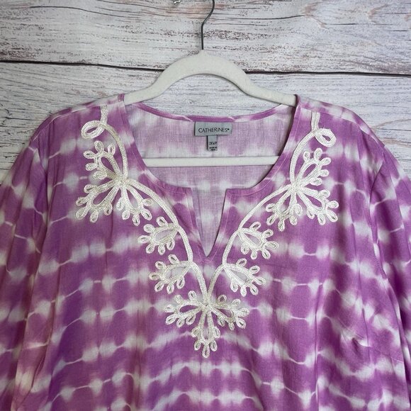 Catherines Blouse Size 2X Petite Purple Pink Soutache Trim Tunic Tie Dye BOHO - Picture 3 of 16